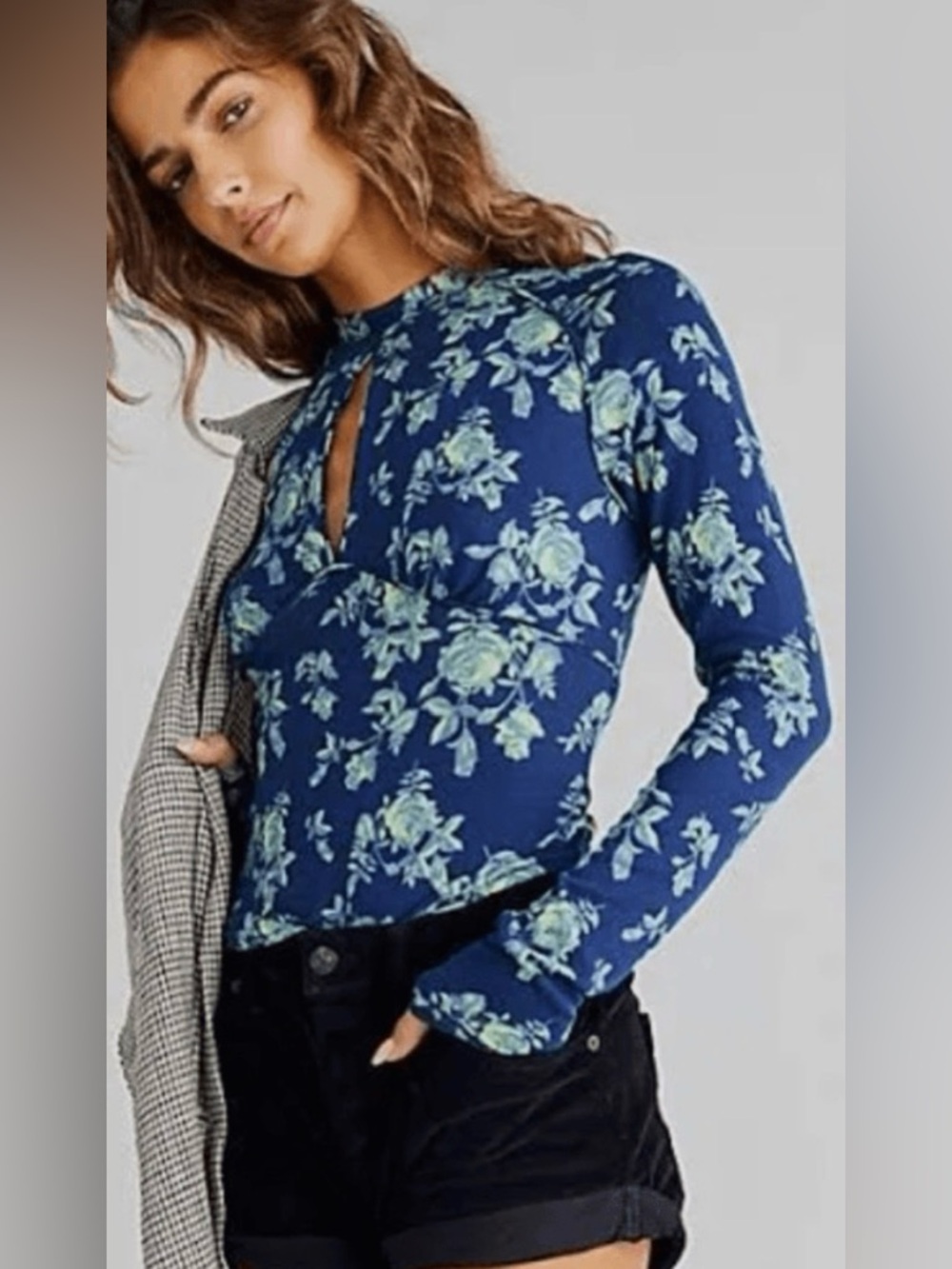 Free People Navy Blue Floral Keyhole Long Sleeve Scoop Sweater